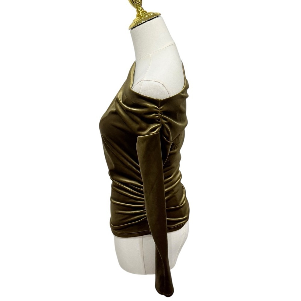 Abercrombie & Fitch XS GOLD/Green Asymmetrical Shoulder Ruched Long Sleeve Top - Picture 4 of 12